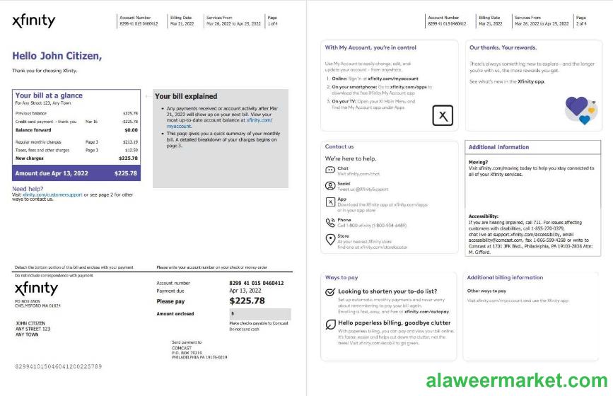 USA Philadelphia Xfinity utility bill Word and PDF template, 4 pages 1 2